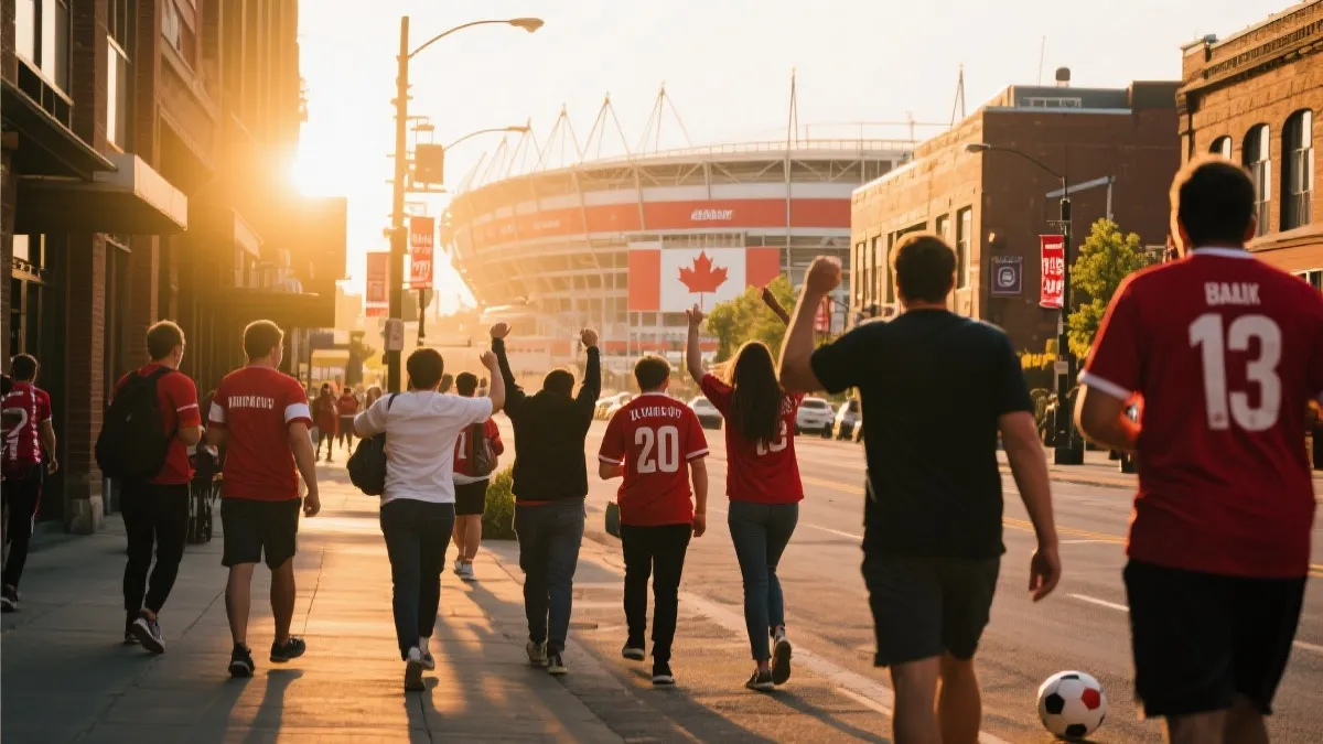 加拿大城市街头的球迷与体育场氛围，观赛出行与规则提示场景
